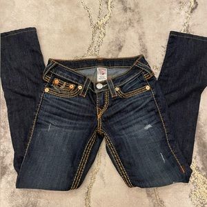 true religion skinny jeans, dark wash w/ contrast stitching